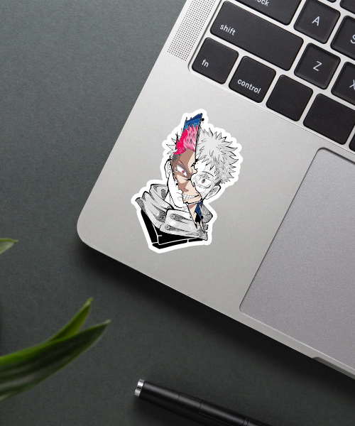 Satoru Gojo Jujutsu Kaisen vinyl sticker on laptop surface showing smiling pose design