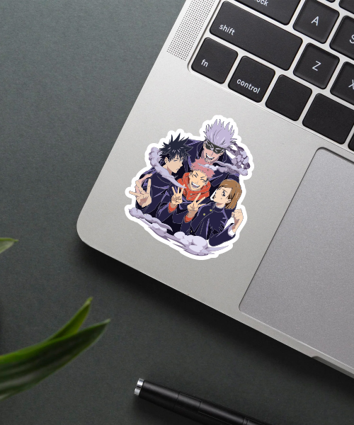 Jujutsu Kaisen characters vinyl sticker on laptop surface showing group pose and smoke effect