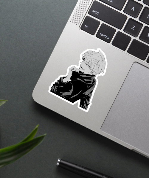jujutsu kaisen toge inumaki sticker on laptop surface showing black and white contrast and clean edges