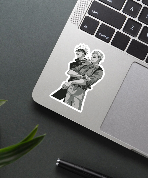 jujutsu kaisen reverse curse sticker on laptop surface showing black and white contrast and clean edges