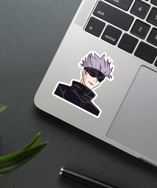 satoru gojo anime sticker on laptop surface showing clear colors and sharp details