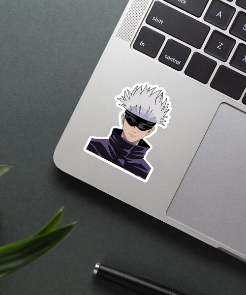 satoru gojo jujutsu kaisen sticker on laptop surface showing vibrant colors and sharp details