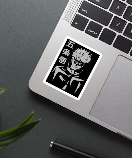 gojo satoru jujutsu kaisen sticker black white on laptop surface showing clear contrast and sharp details