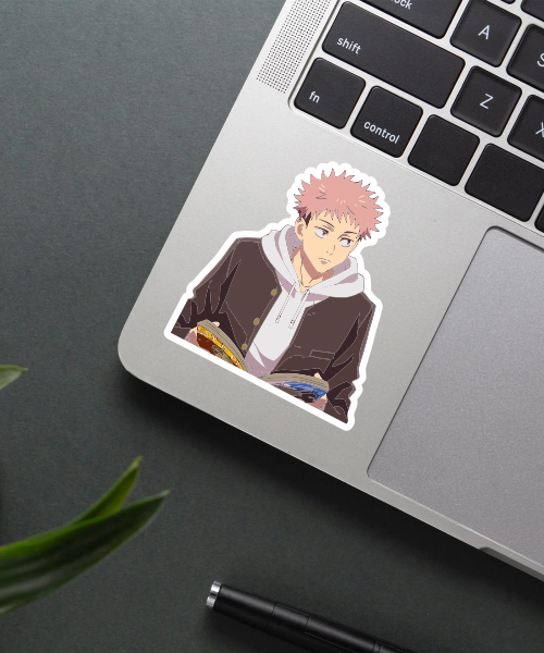 itadori yuji jujutsu kaisen sticker on laptop surface showing bright colors and detailed design