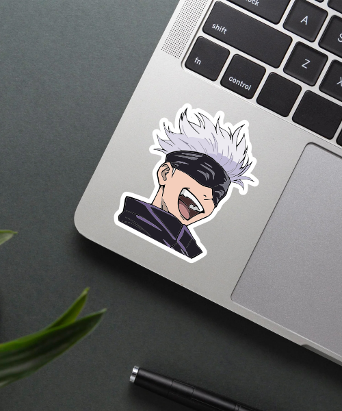 gojo satoru jujutsu kaisen sticker on laptop surface showing smiling anime character