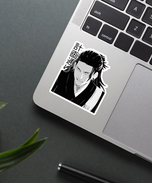 Suguru Geto vinyl sticker on laptop surface showing bold black and white anime character