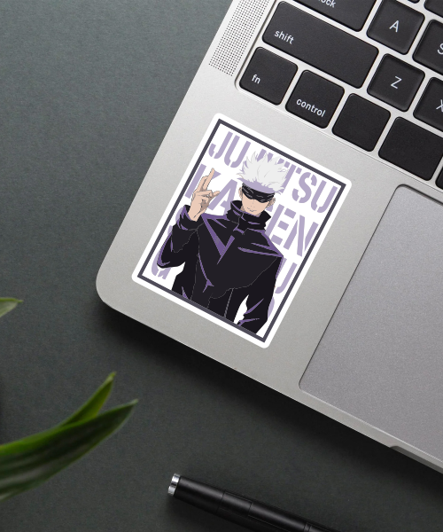 Gojo Satoru vinyl sticker on laptop surface showing calm anime character with purple text background
