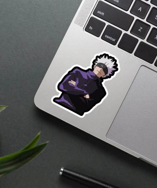 gojo satoru jujutsu kaisen sticker on phone case showing purple jacket and confident pose