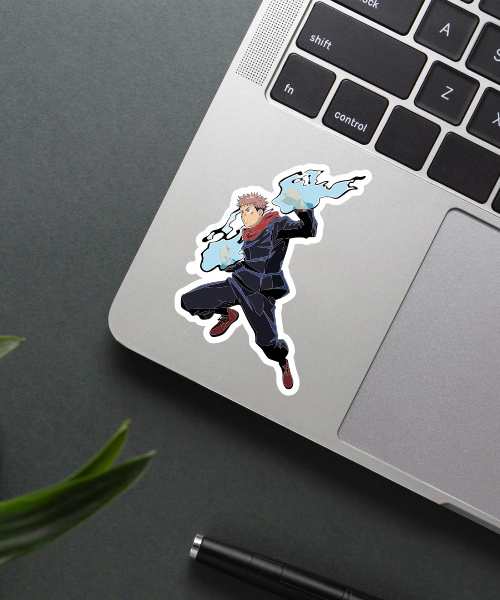 megumi fushiguro jujutsu kaisen vinyl sticker on laptop showing action pose and blue energy