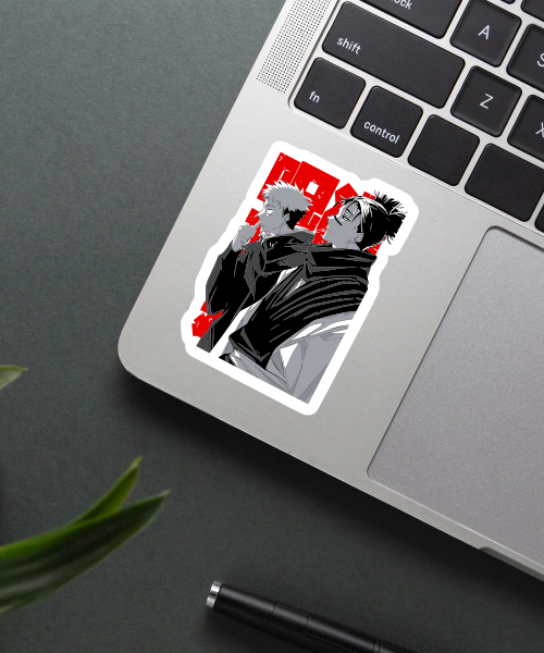 itadori yuuji and choso sticker on laptop showing bold anime characters with red text