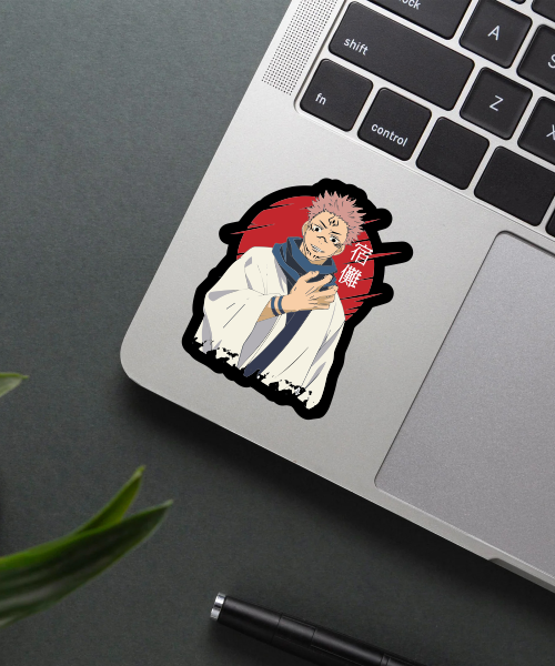 jujutsu kaisen sukuna vinyl sticker on laptop surface with red circle background