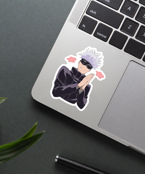 jujutsu gojo satoru cute vinyl sticker with pink blush on laptop surface