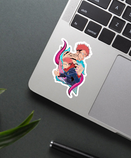 yuji itadori and sukuna vinyl sticker on laptop surface with bright colors