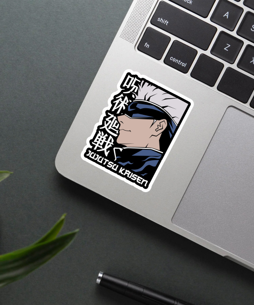 jujutsu kaisen gojo sticker on laptop surface showing cool anime style