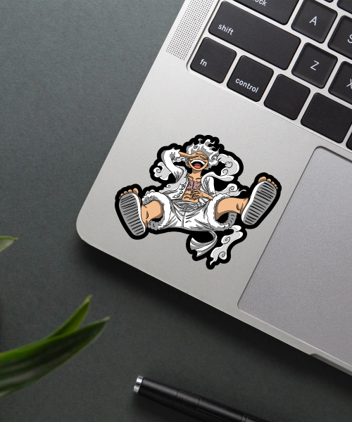 luffy gear 5 sticker on laptop surface showing vibrant colors and clear details