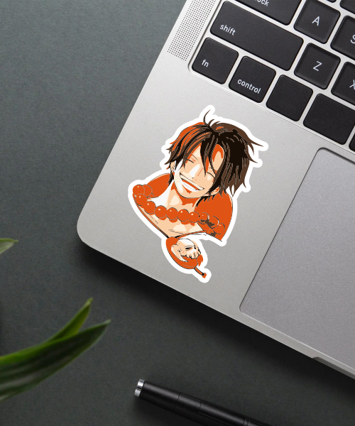 portgas d ace sticker on laptop surface showing bright smile and orange beads
