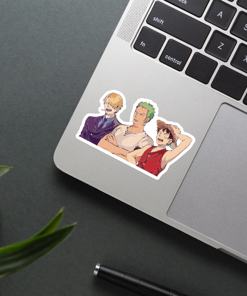 luffy zoro sanji sticker on water bottle showing vibrant colors and group pose