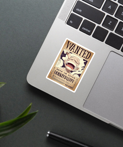 One Piece Luffy Wanted Poster vinyl sticker applied on a phone case showing vintage brown design