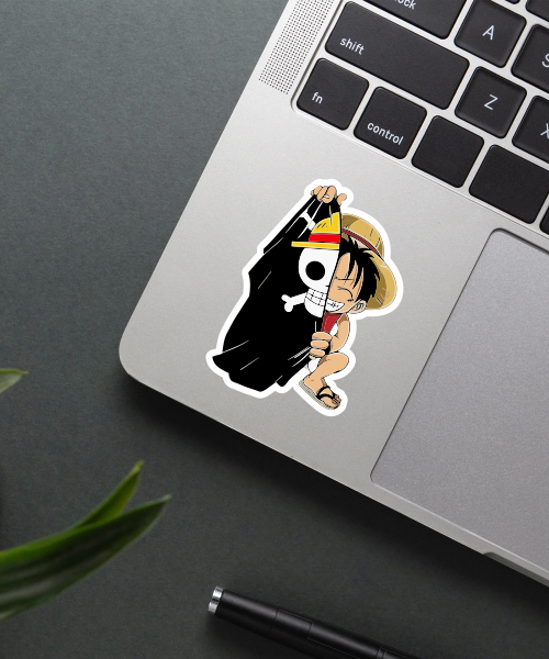 One Piece Luffy King Of Pirate vinyl sticker applied on a water bottle showing chibi style and bright colors