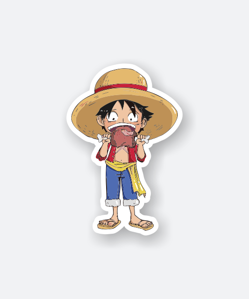 one piece sticker with chibi luffy eating meat