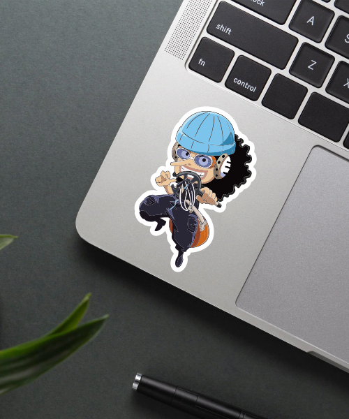 usopp one piece sticker on water bottle showing character with blue beanie and goggles