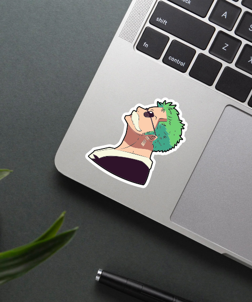 one piece roronoa zoro sticker on phone surface showing bold colors and unique style
