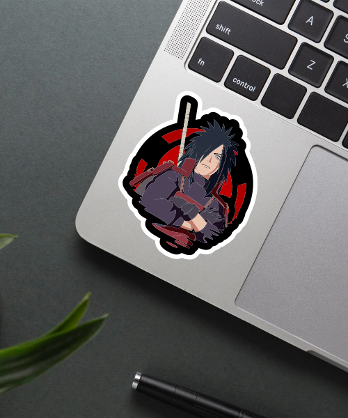 naruto madara uchiha vinyl sticker on laptop surface showing clear colors and sharp edges