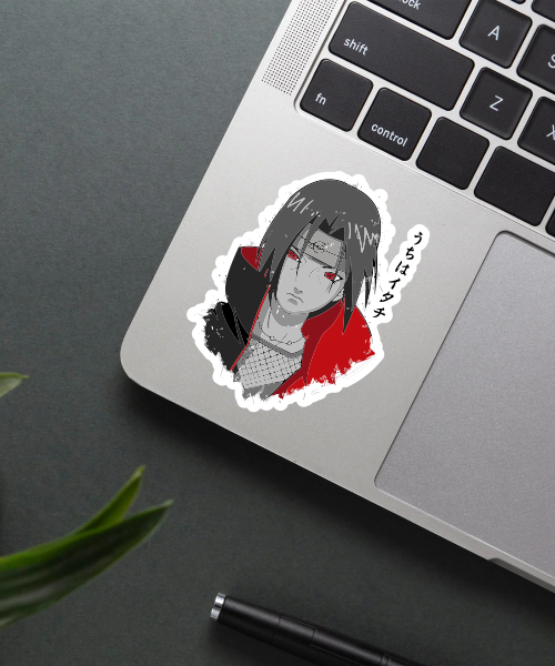naruto itachi uchiha vinyl sticker on laptop surface showing manga style and red eyes