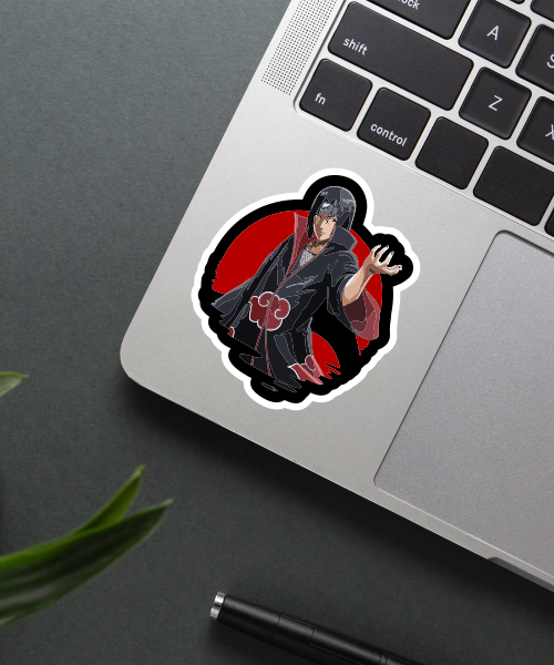 naruto anime sticker Itachi Uchiha placed on laptop surface showing vibrant colors and clear details