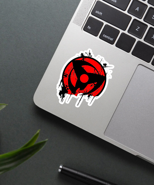 naruto anime sticker Sharingan eye symbol applied on water bottle with vivid red and black colors