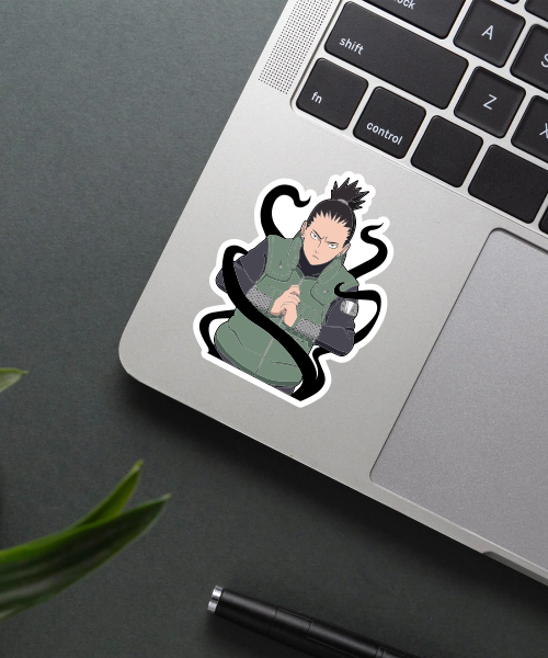 naruto anime sticker Shikamaru Nara applied on laptop surface showing shadow smoke effect and vibrant colors