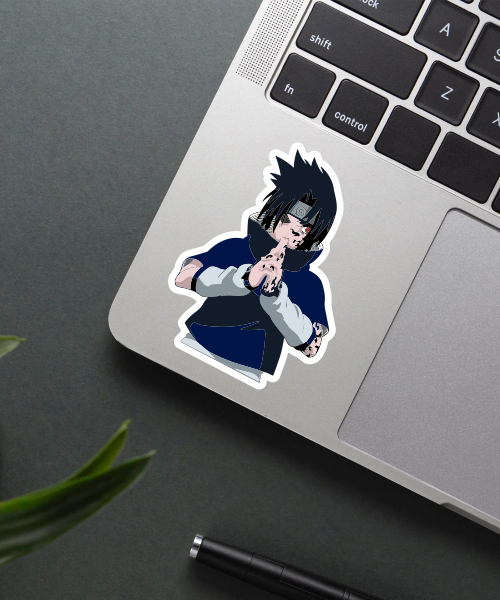 sasuke uchiha naruto sticker on laptop showing dark colors and sharp details