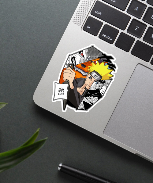 now lets go naruto sticker on laptop showing bold comic style and bright colors