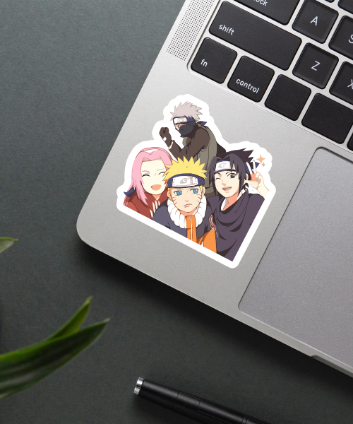 naruto anime sticker on laptop showing Naruto Sasuke Sakura Kakashi in cute style