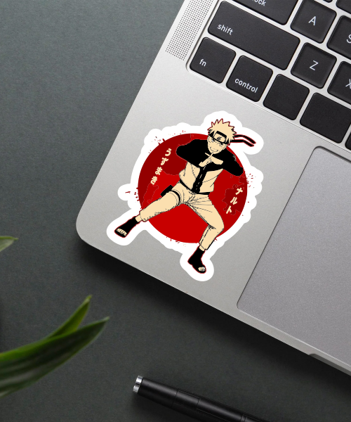 naruto shippuden anime sticker on laptop showing hand sign pose with red sun