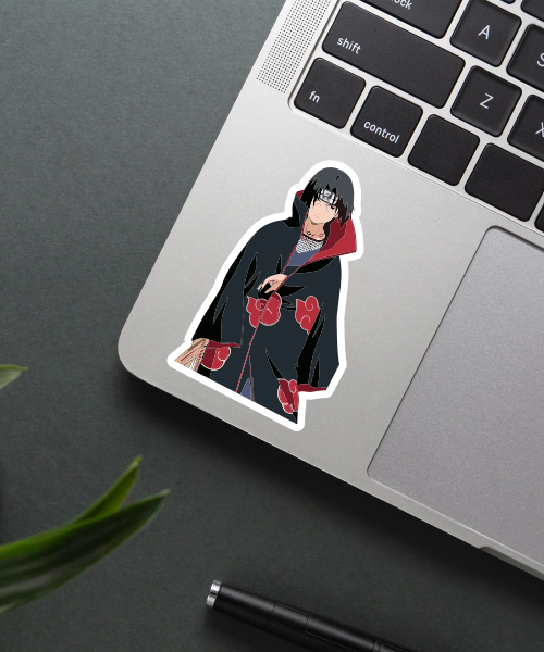 itachi uchiha naruto anime sticker on laptop showing akatsuki cloak and calm pose