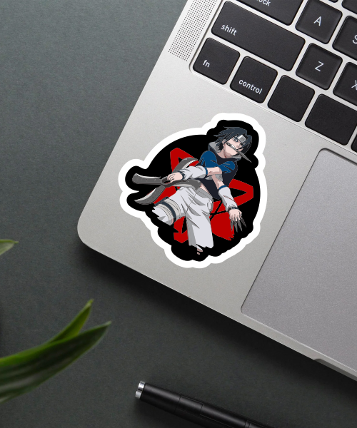 madara uchiha sticker on laptop showing fierce ninja pose with red background