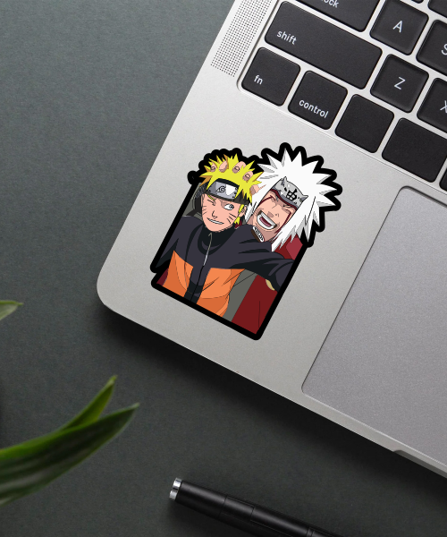 jiraiya with naruto sticker on water bottle showing friendship pose with bright colors