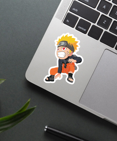 naruto chibi sticker on laptop showing cute fighting pose with bright colors