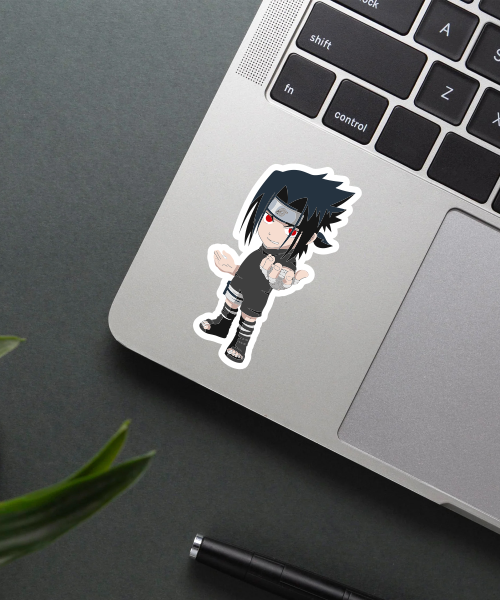 Chibi Sasuke Uchiha sticker on phone case showing bright colors and cute design