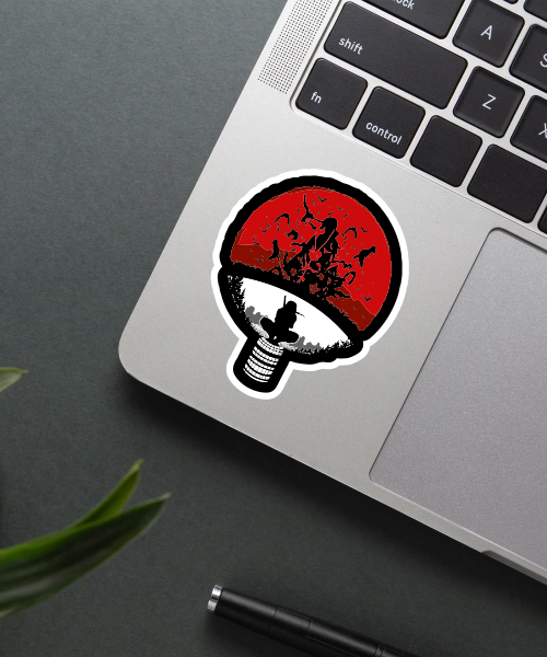 Uchiha Clan logo sticker on water bottle showing bold red and black colors
