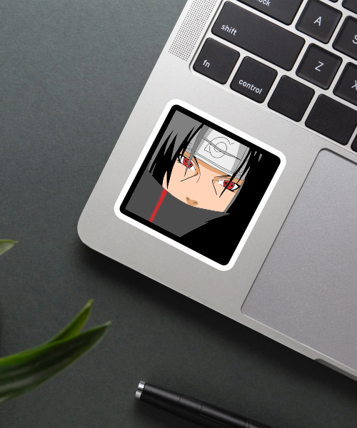 naruto anime sticker Itachi Uchiha furious on laptop surface showing sharp red eyes and dark colors