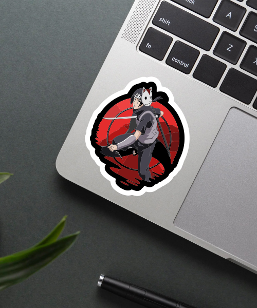 Itachi Uchiha naruto anime sticker on laptop surface showing intense design and vibrant colors