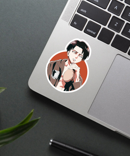 Awkward Levi Attack On Titan vinyl sticker on phone case showing muted colors and clean edges