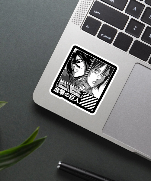 mikasa ackerman anime sticker on laptop surface showing black white manga panels and clear details