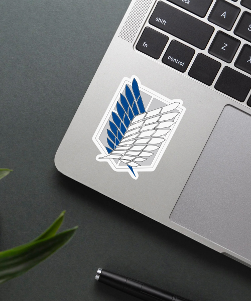 Scouting Legion Attack On Titan vinyl sticker on water bottle showing blue and white wings emblem