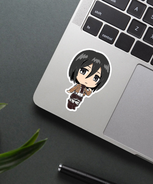 Chibi Mikasa Attack On Titan vinyl sticker on phone case showing cute anime character in scout uniform