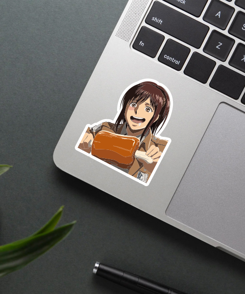 Sasha Braus Attack On Titan vinyl sticker on laptop showing excited character with meat drumstick