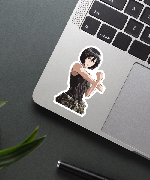 Mikasa anime sticker on laptop showing black tank top and camo jacket design