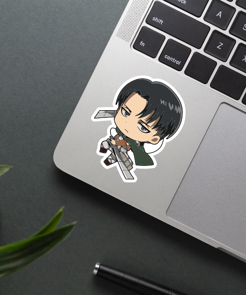 Chibi Levi attacking anime sticker on phone case showing swords and green cape